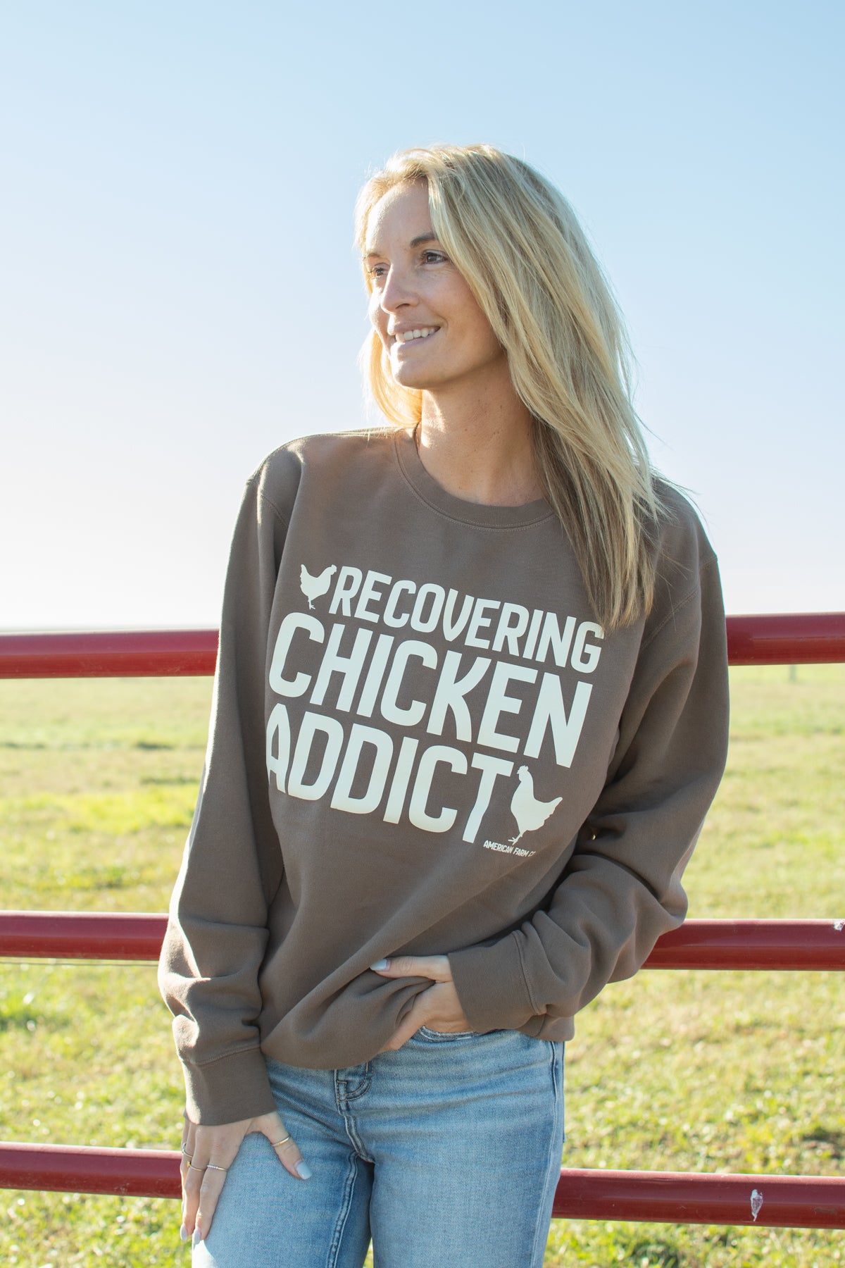 'Recovering Chicken Addict' Brown Crewneck