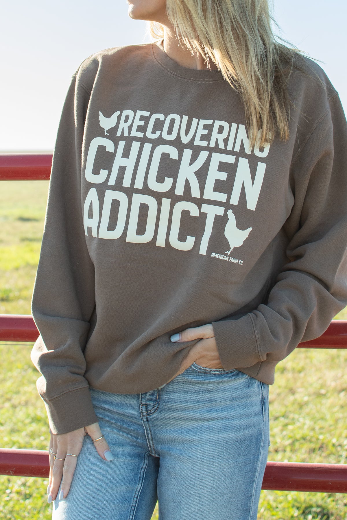 'Recovering Chicken Addict' Brown Crewneck