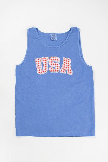 Red Gingham 'USA' Blue Tank Top