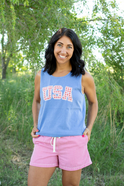 Red Gingham 'USA' Blue Tank Top