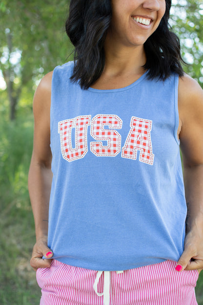 Red Gingham 'USA' Blue Tank Top