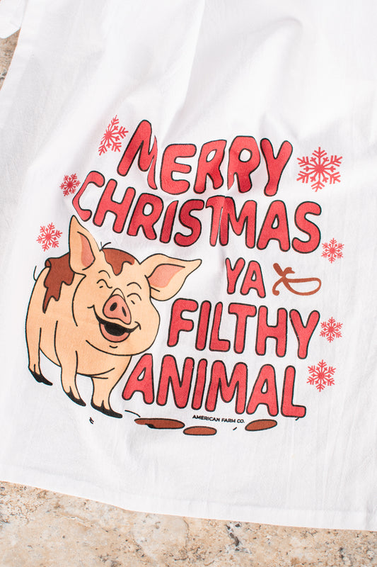 Red 'Merry Christmas Ya Filthy Animals' Pig Flour Sack Kitchen Towel