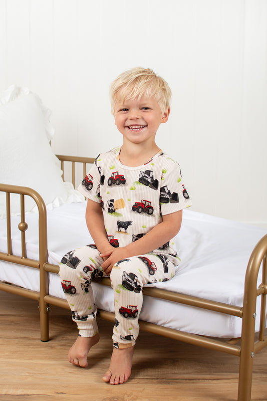 Red Tractor Farm Kid Toddler/Youth Ribbed Cotton Pajama Set