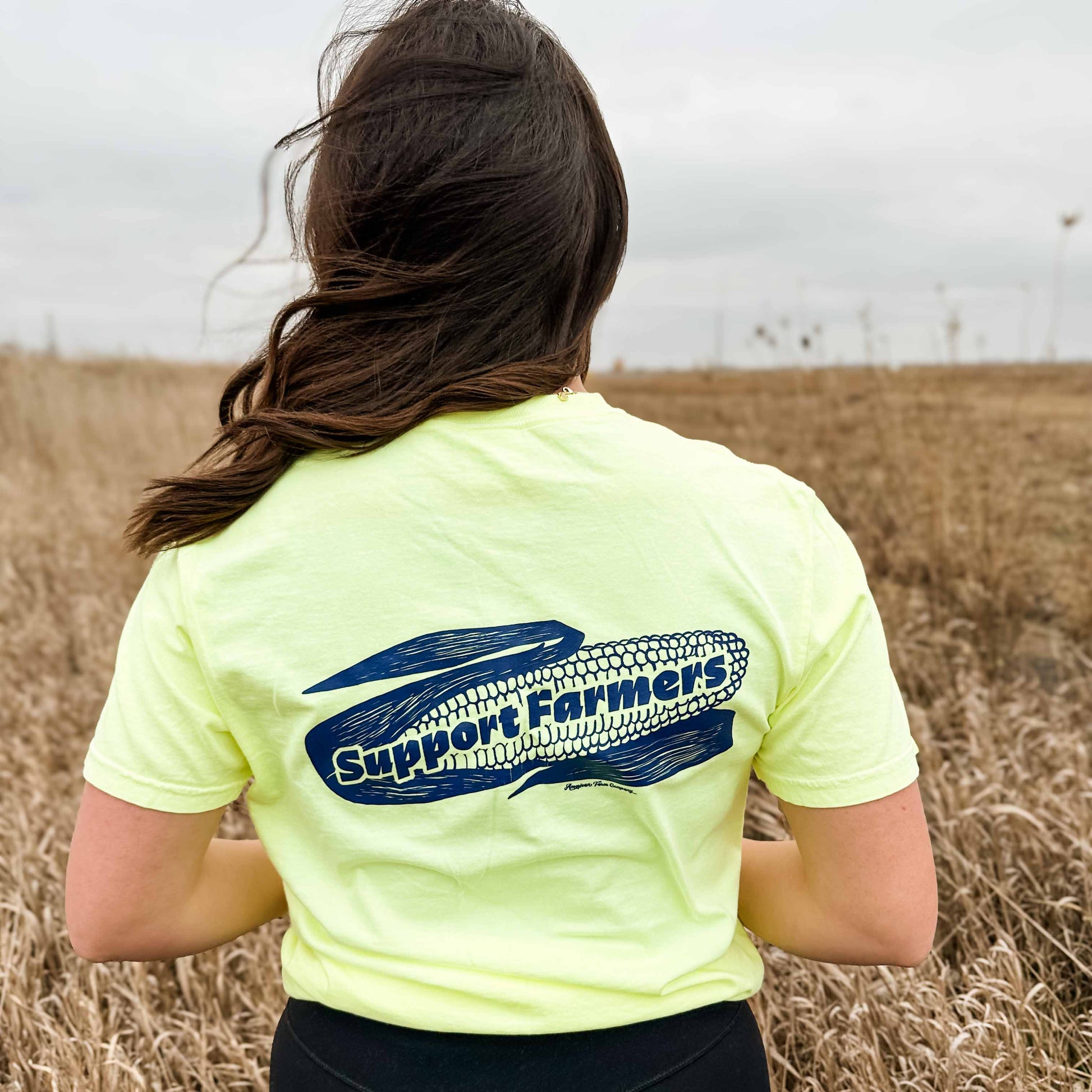 Retro Corn 'Support Farmers' Neon Yellow Tee - American Farm Company