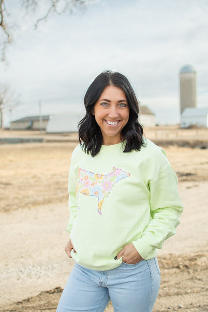 Retro Floral Cow Lime Crewneck