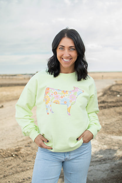 Retro Floral Cow Lime Crewneck
