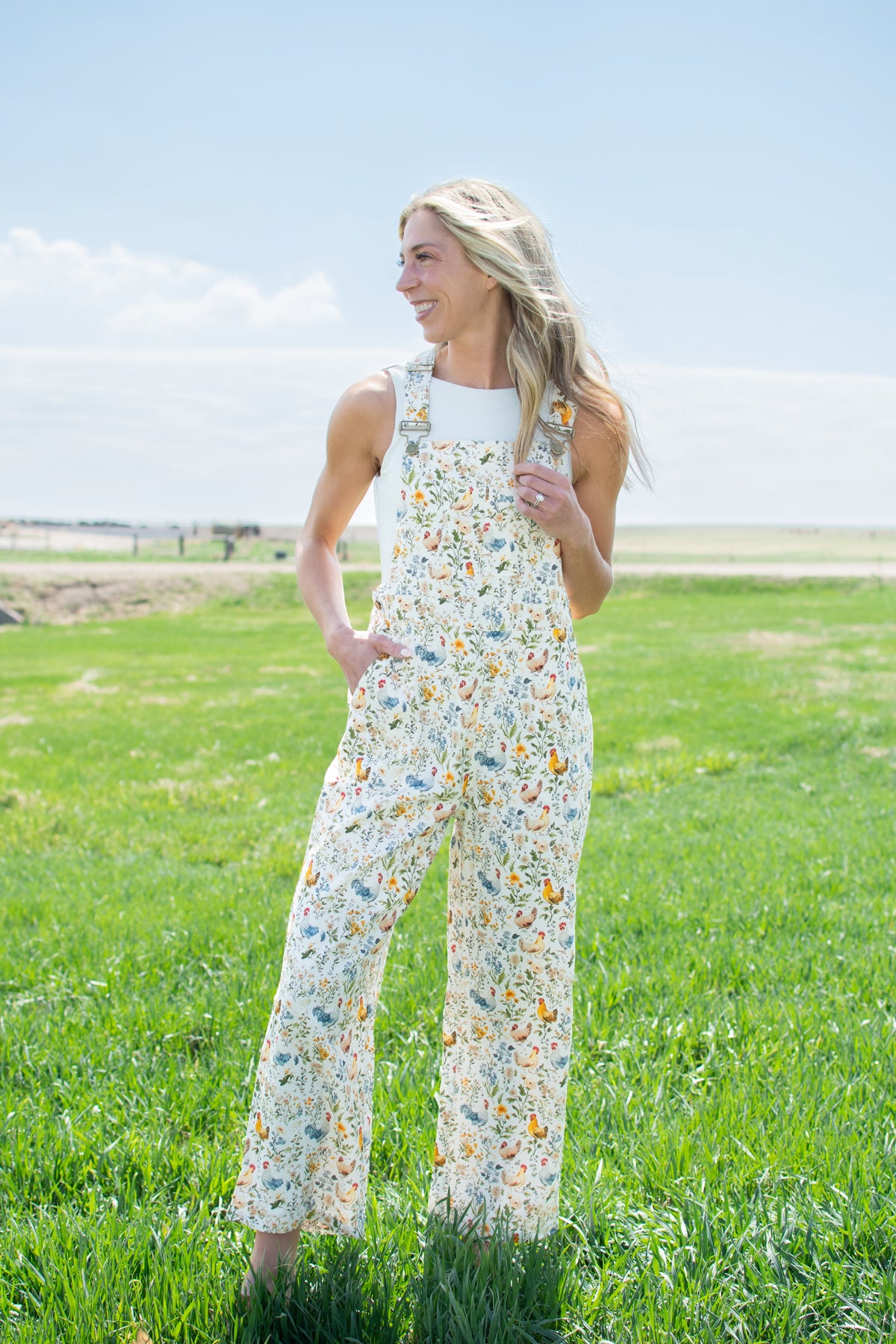Rooster & Floral Print Overalls