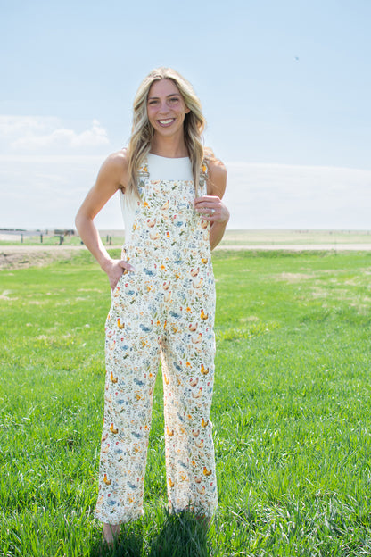 Rooster & Floral Print Overalls