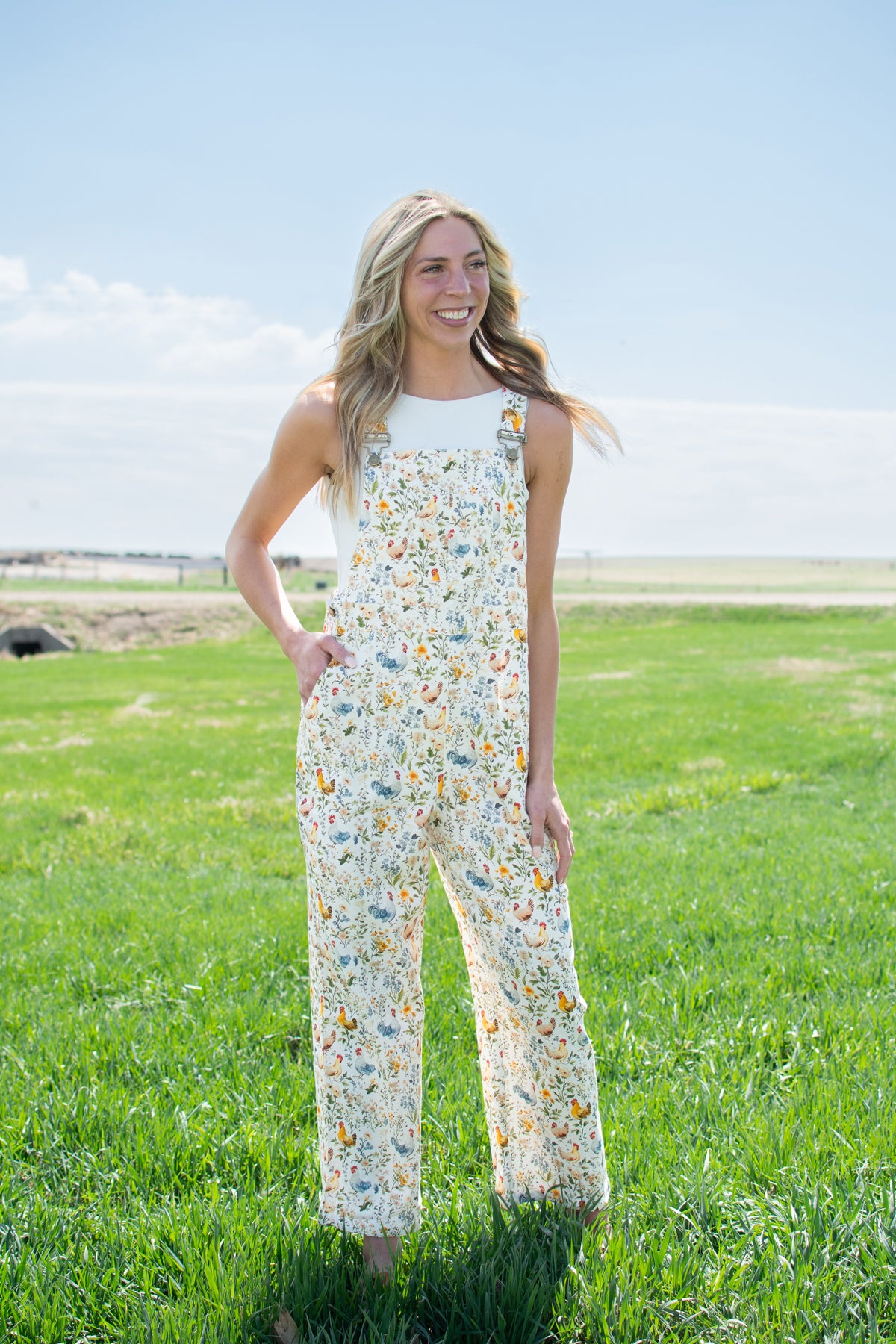 Rooster & Floral Print Overalls