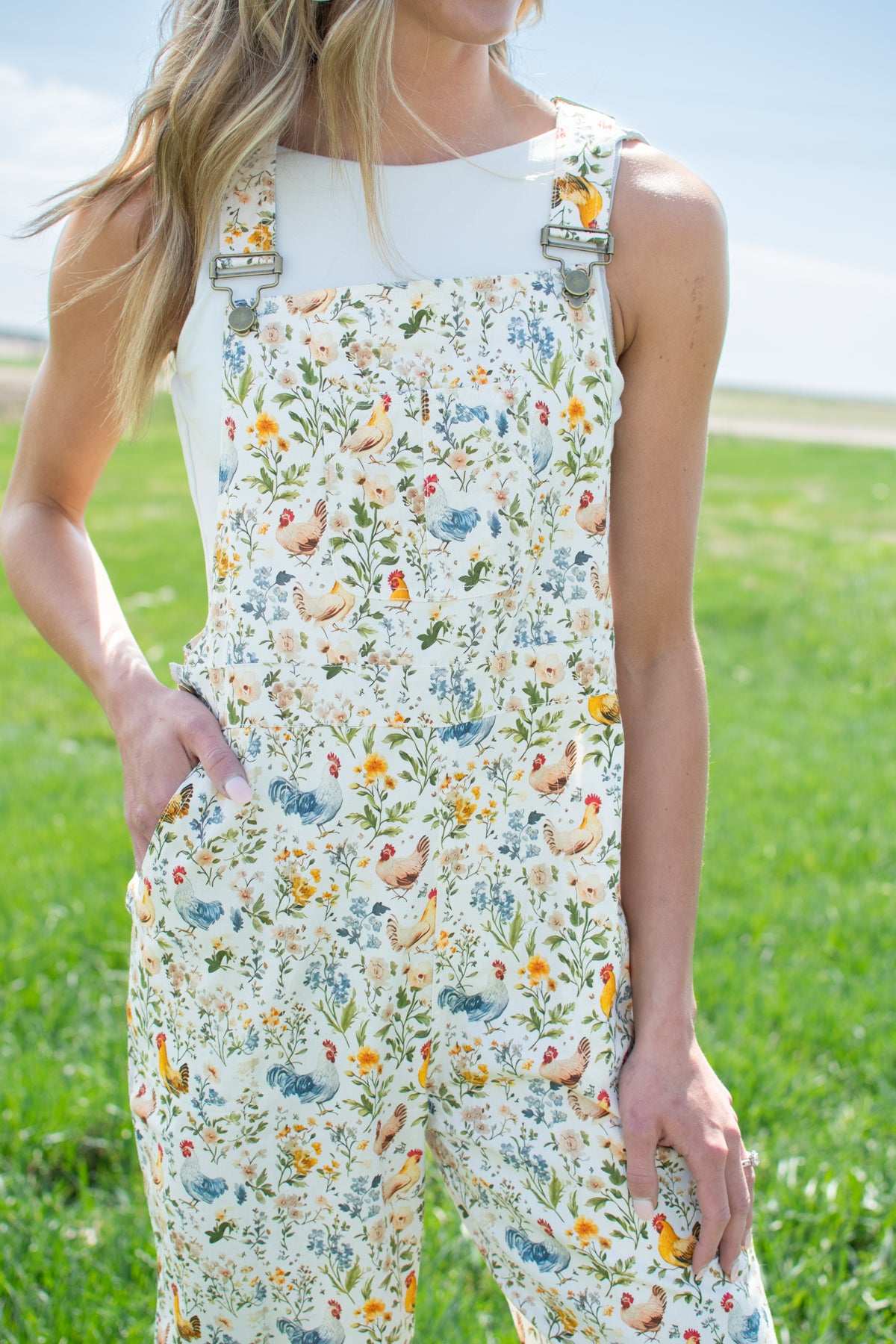 Rooster & Floral Print Overalls