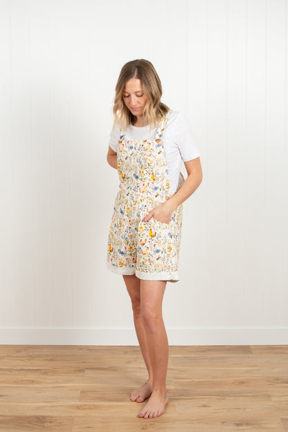 Rooster & Floral Print Shortalls