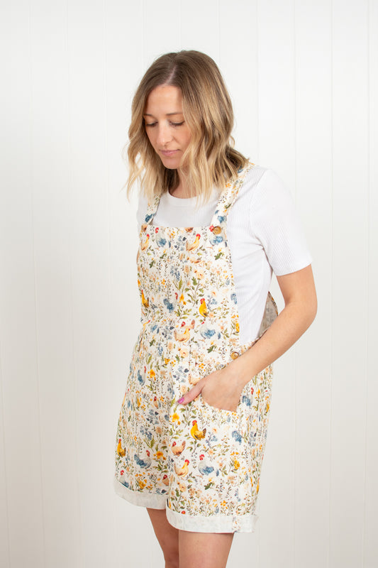 Rooster & Floral Print Shortalls