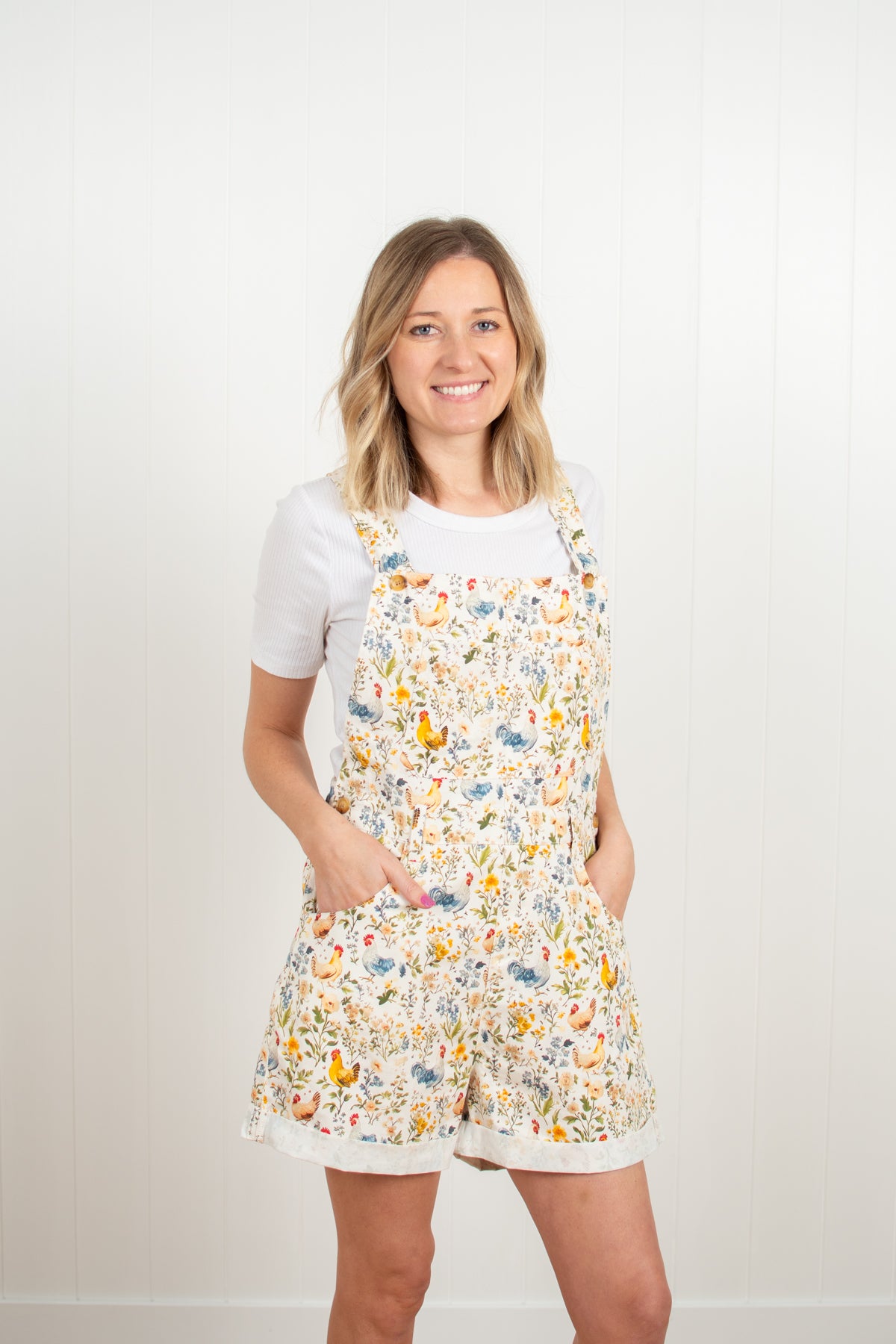 Rooster & Floral Print Shortalls