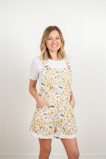Rooster & Floral Print Shortalls