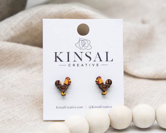 Rooster Wood Stud Earrings