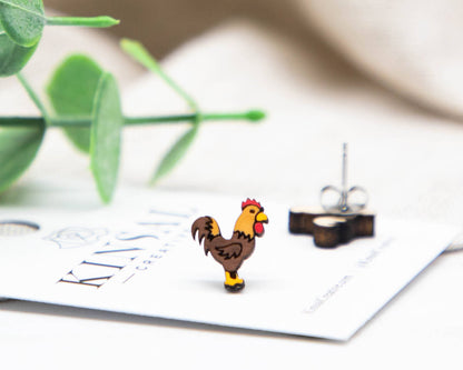Rooster Wood Stud Earrings