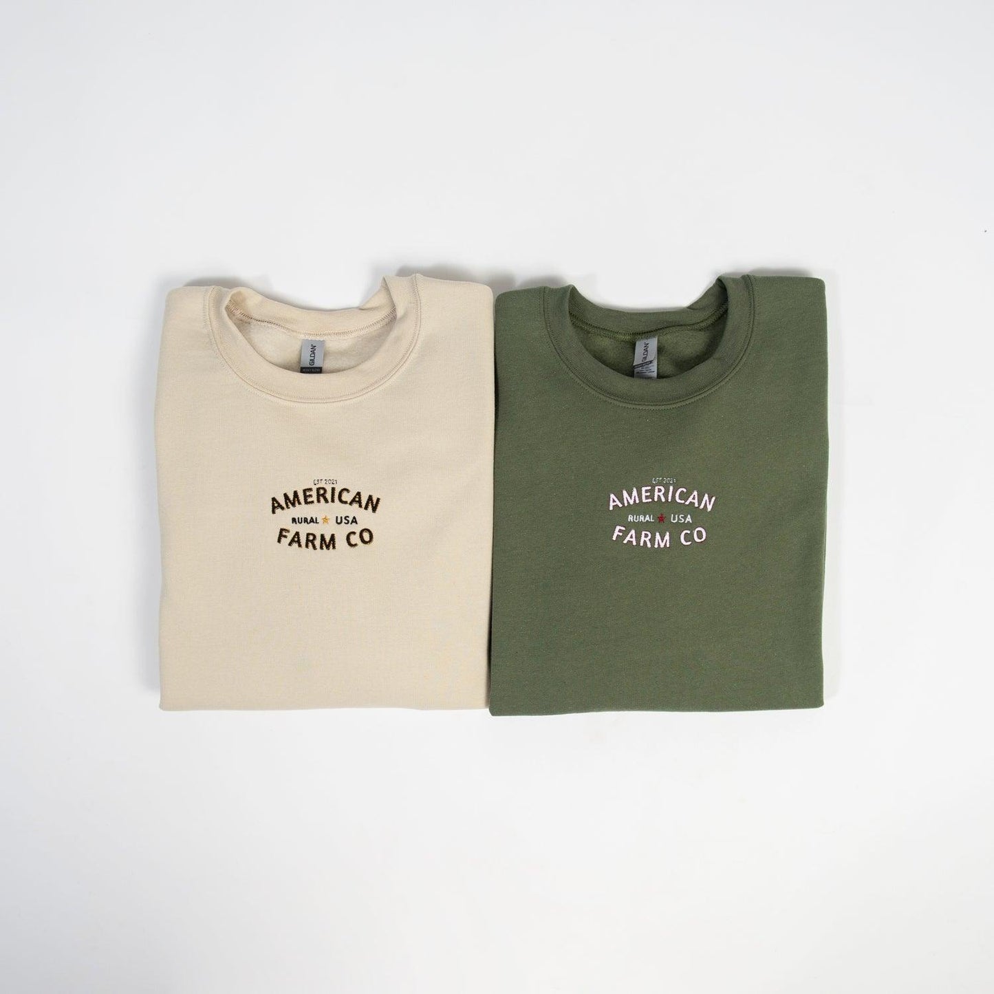 ‘Rural USA’ Embroidered Olive Crewneck - American Farm Company