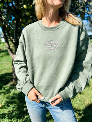 ‘Rural USA’ Embroidered Olive Crewneck - American Farm Company