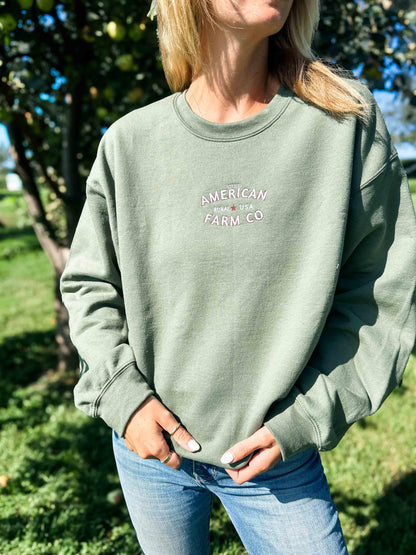 ‘Rural USA’ Embroidered Olive Crewneck - American Farm Company