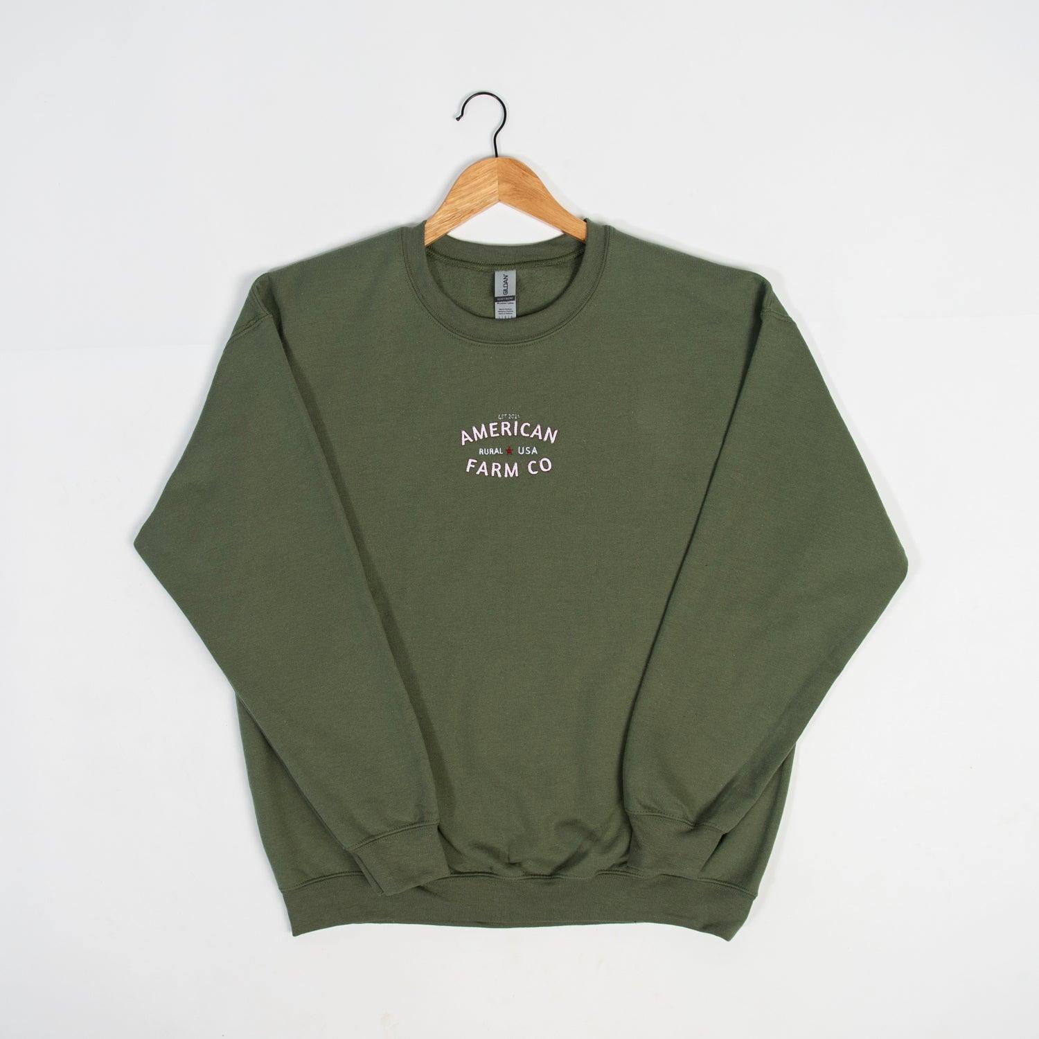 ‘Rural USA’ Embroidered Olive Crewneck - American Farm Company