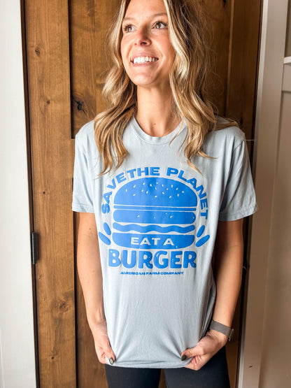 Save the Planet Eat a Burger Puff Blue Tee