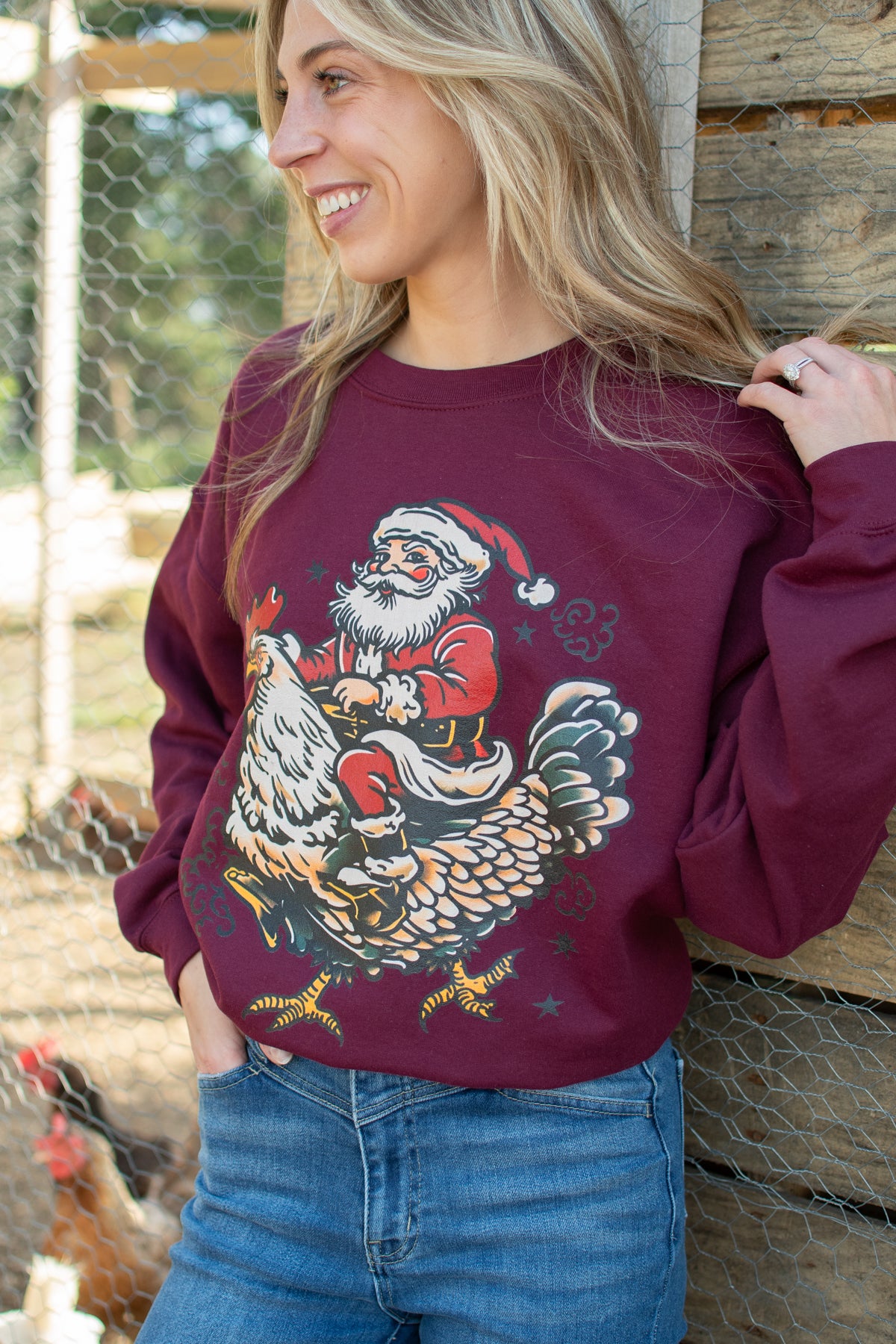 Santa Riding Chicken Maroon Crewneck