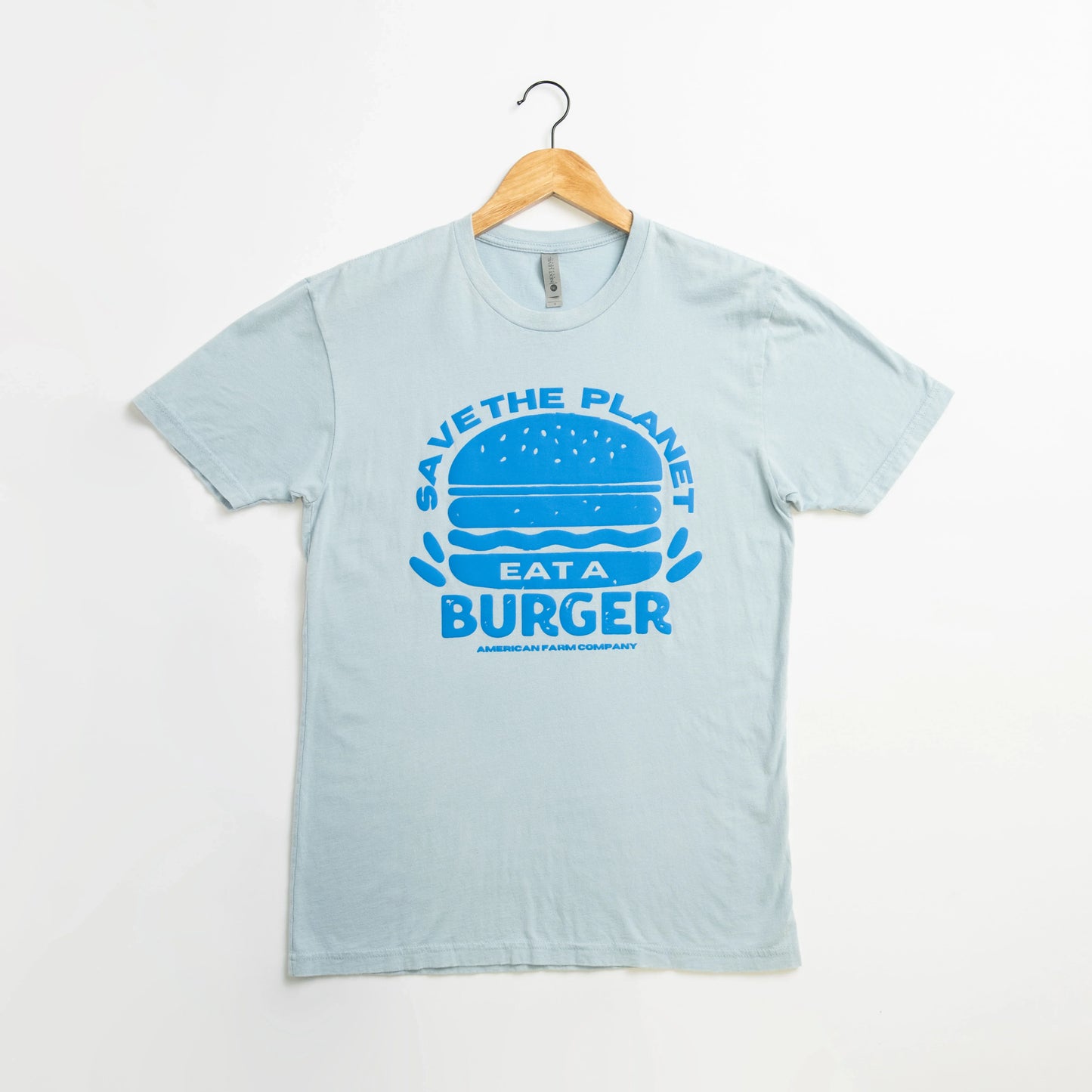 Save the Planet Eat a Burger Puff Blue Tee