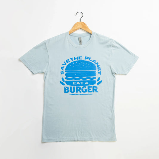 Save the Planet Eat a Burger Puff Blue Tee