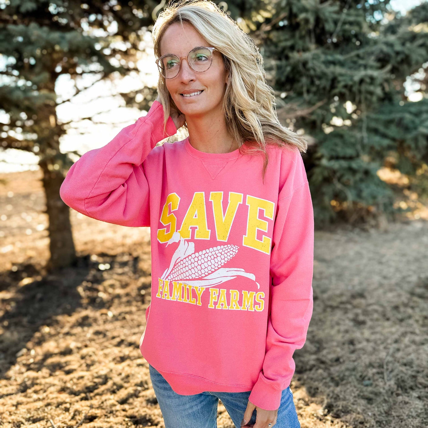 'Save Family Farms' Coral Crewneck