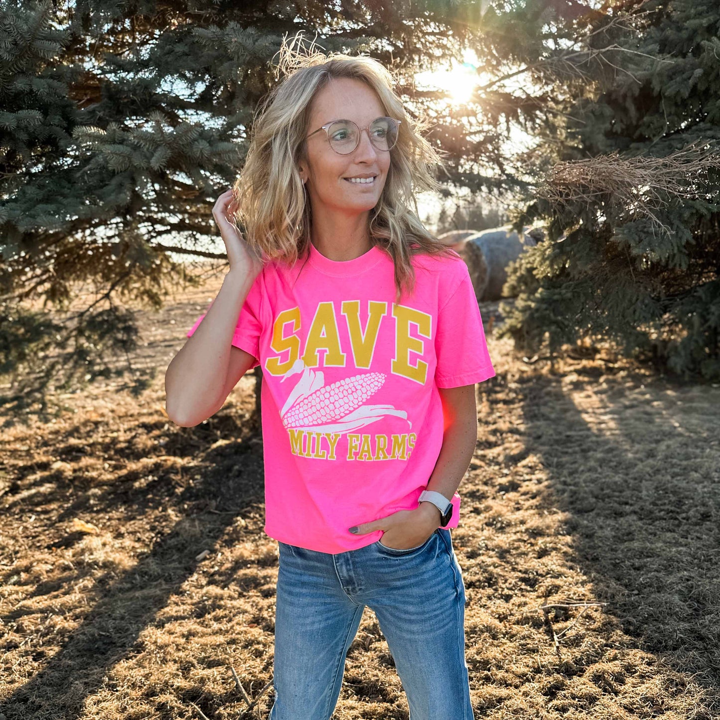 'Save Family Farms' Neon Pink Tee