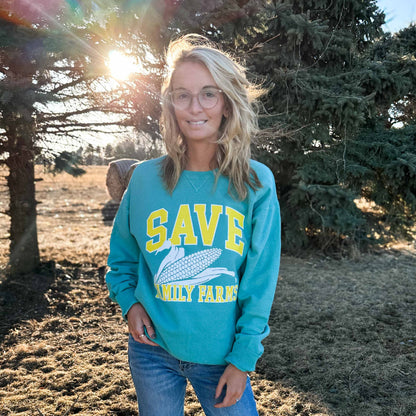 'Save Family Farms' Teal Crewneck