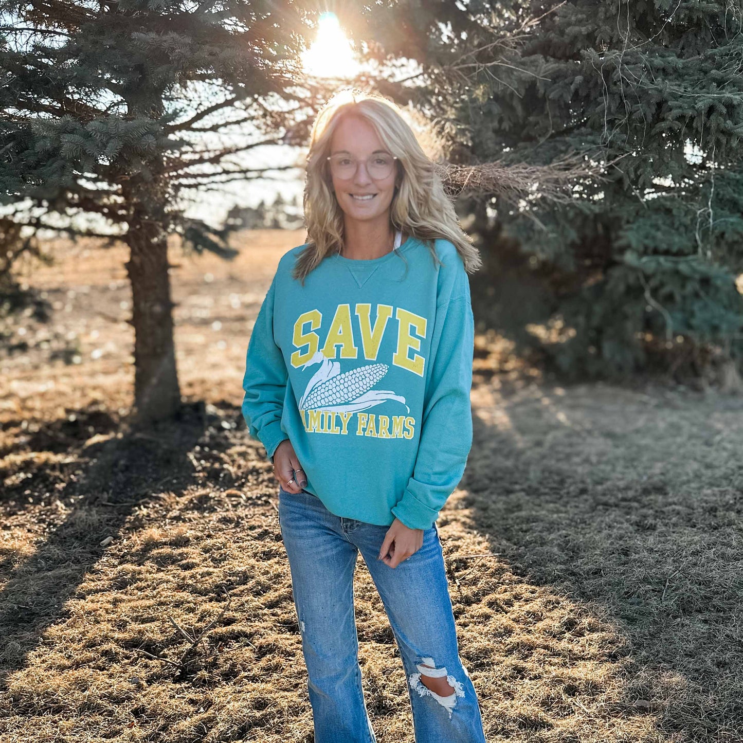 'Save Family Farms' Teal Crewneck