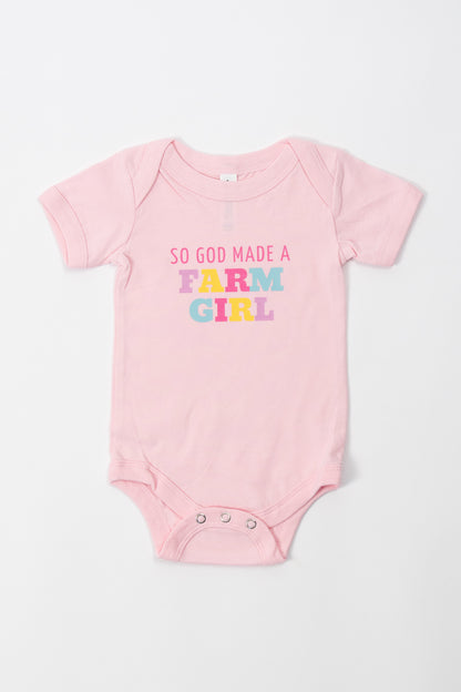 'So God Made A Farm Girl' Pink Onesie