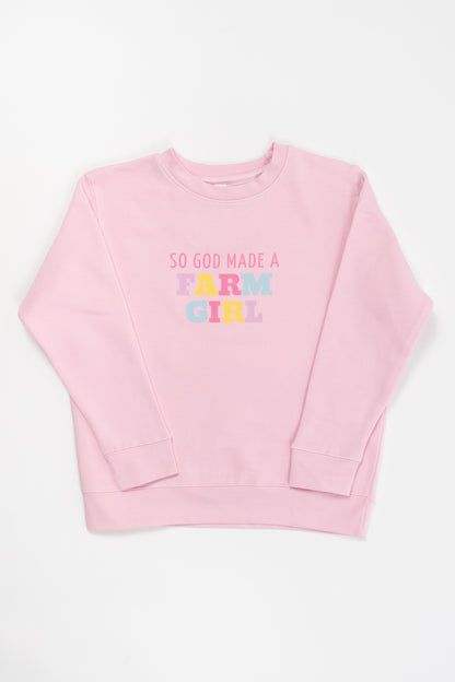 So God Made a Farm Girl' Pink Toddler/Youth Crewneck