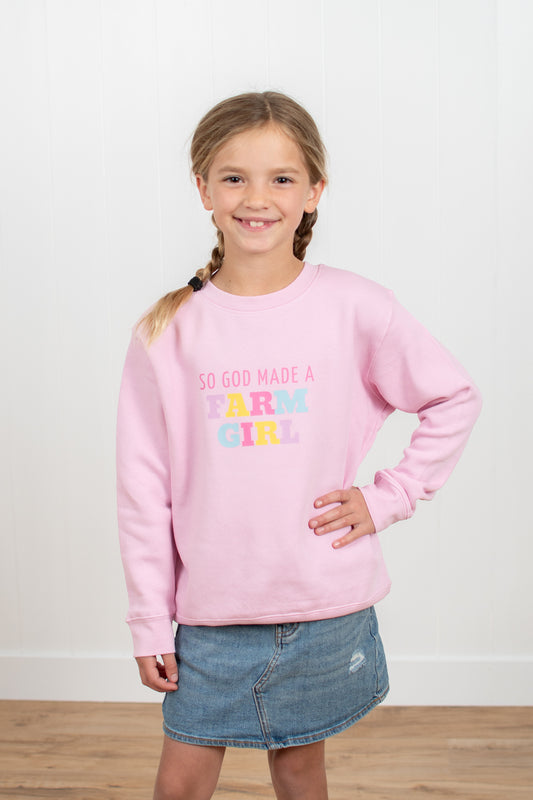 'So God Made a Farm Girl' Pink Toddler/Youth Crewneck