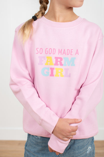 So God Made a Farm Girl' Pink Toddler/Youth Crewneck