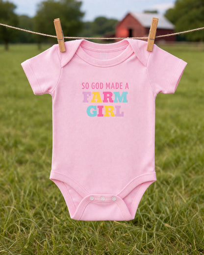 'So God Made A Farm Girl' Pink Onesie