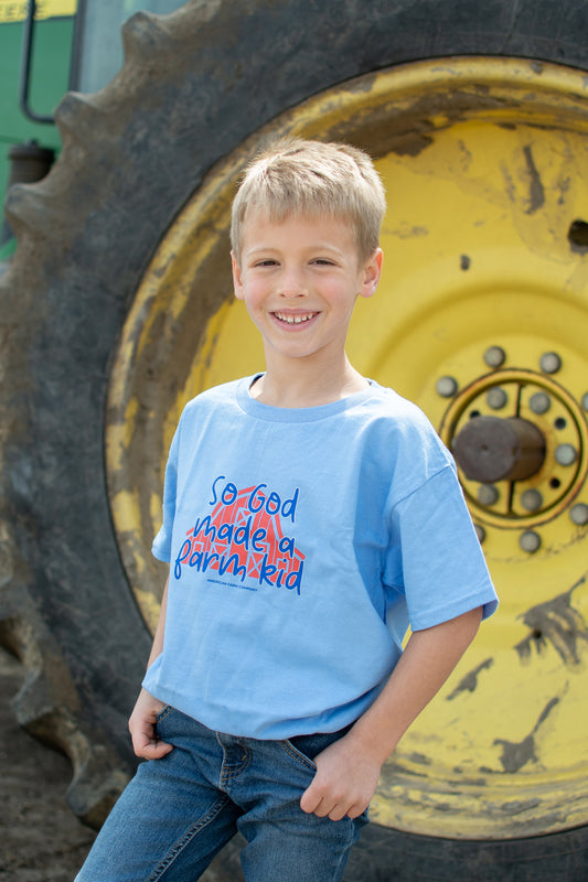 'So God Made a Farm Kid' Barn Toddler/Youth Blue Tee