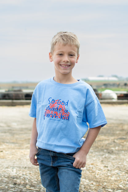 'So God Made a Farm Kid' Barn Toddler/Youth Blue Tee