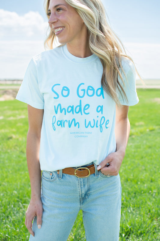 'So God Made a Farm Wife' Blue Tee