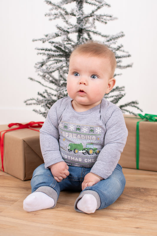 'Spreading Christmas Cheer' Green Tractor Baby Onesie