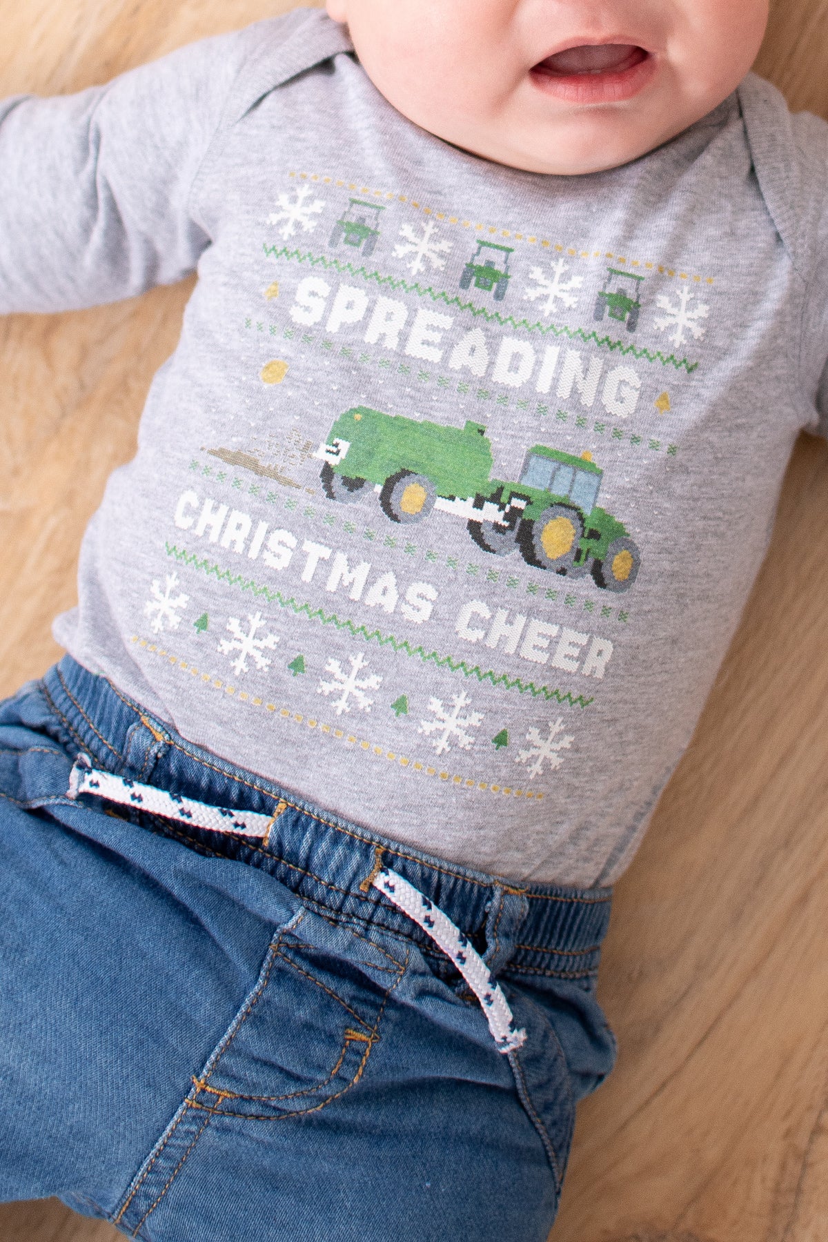 'Spreading Christmas Cheer' Green Tractor Baby Onesie