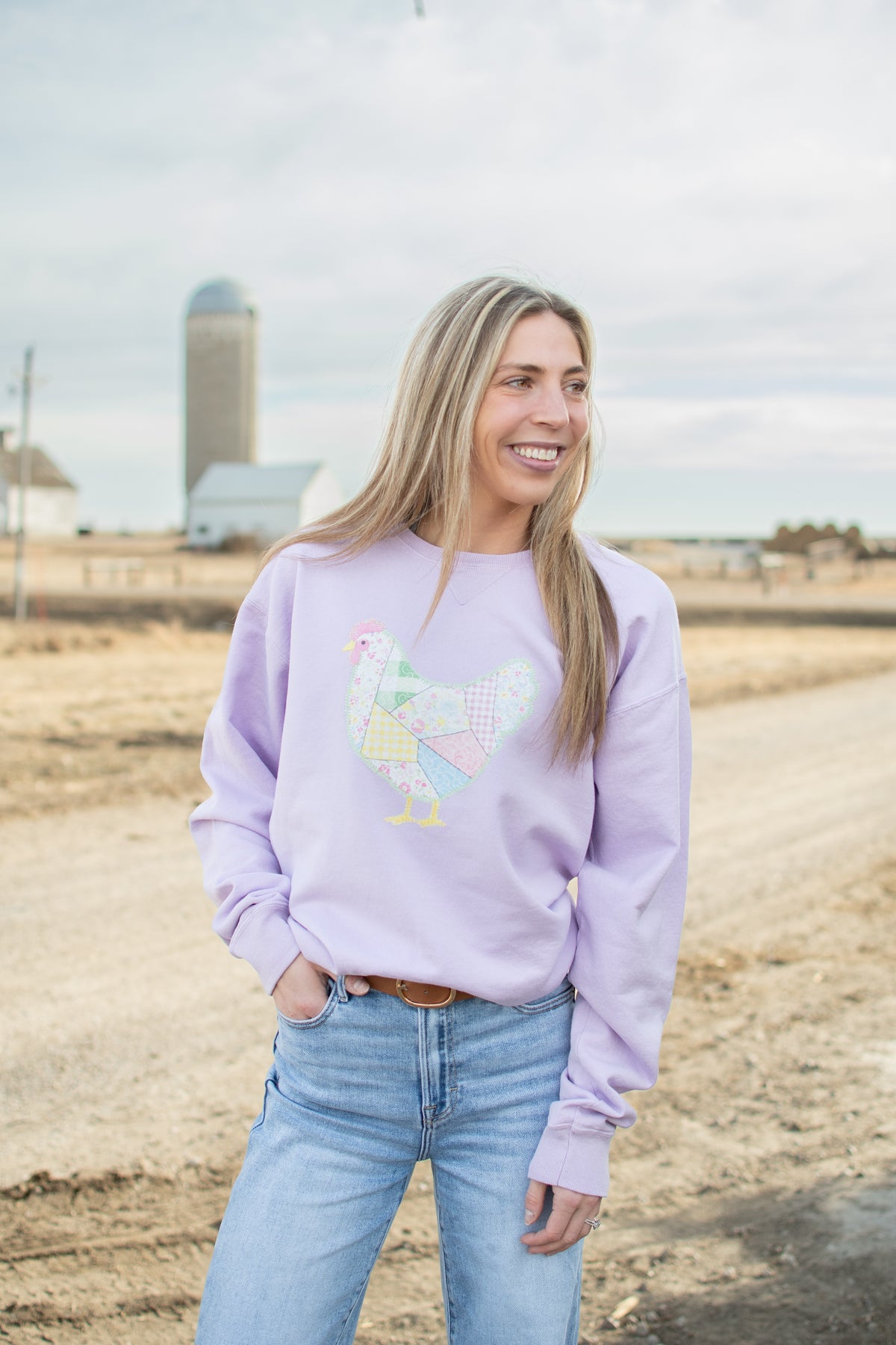 Spring Patchwork Chicken Lavender Crewneck
