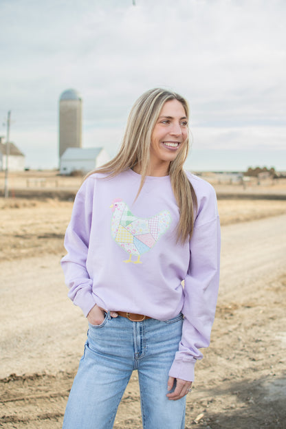 Spring Patchwork Chicken Lavender Crewneck