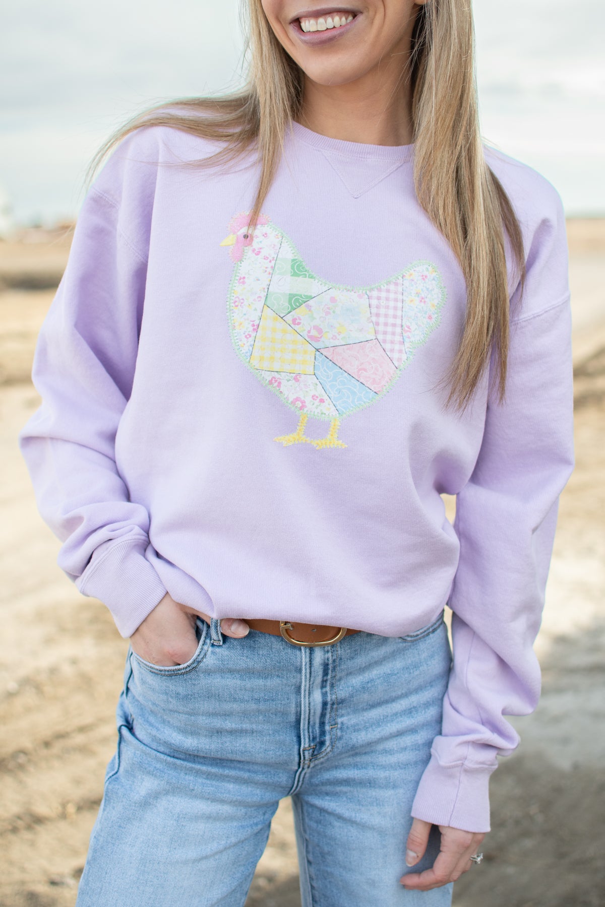 Spring Patchwork Chicken Lavender Crewneck