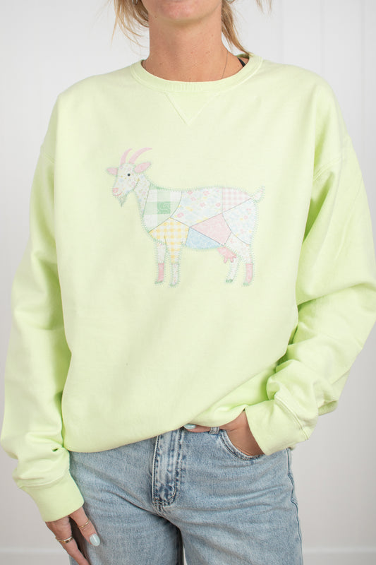 Spring Patchwork Goat Lime Crewneck