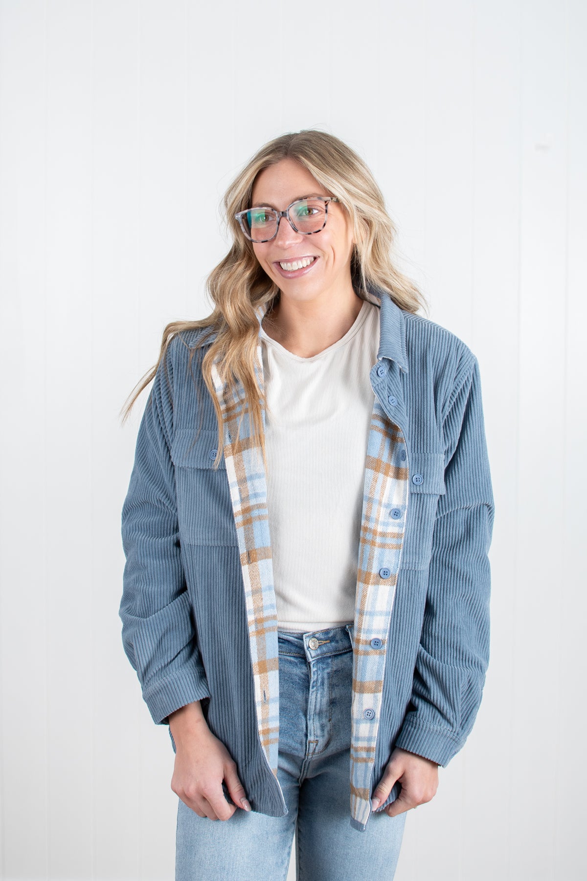 Spring Plaid Lined Reversible Corduroy Flannel Shacket