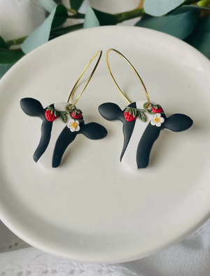 Strawberry Cow Clay Hoop Earrings