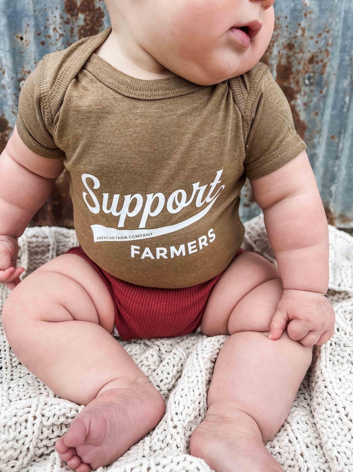 Support Farmers Banner Heather Brown Onesie - American Farm Company