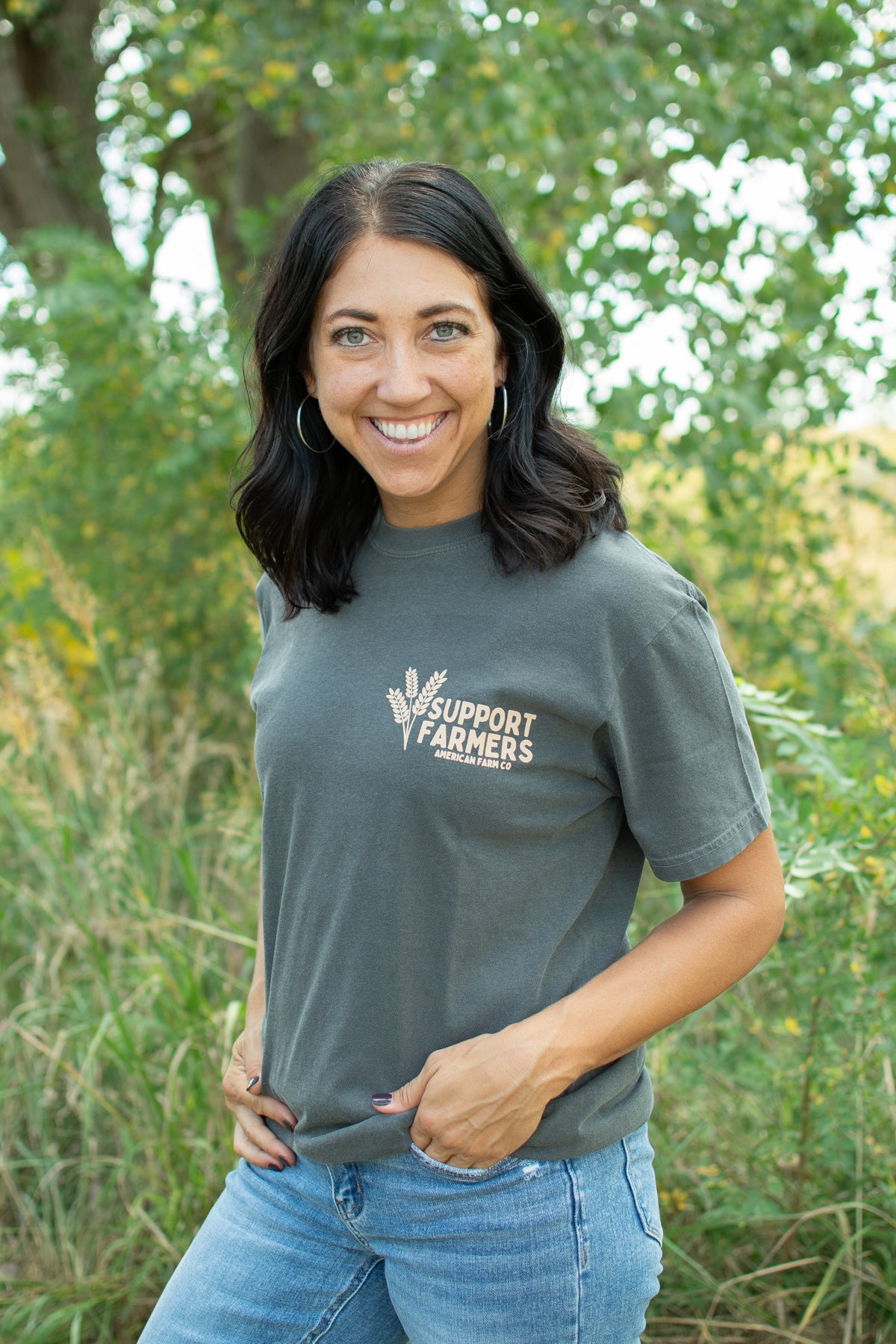 Charcoal relaxed fit cotton tee with wheat graphic and 'Support Farmers' text, American Farm Co. rural apparel